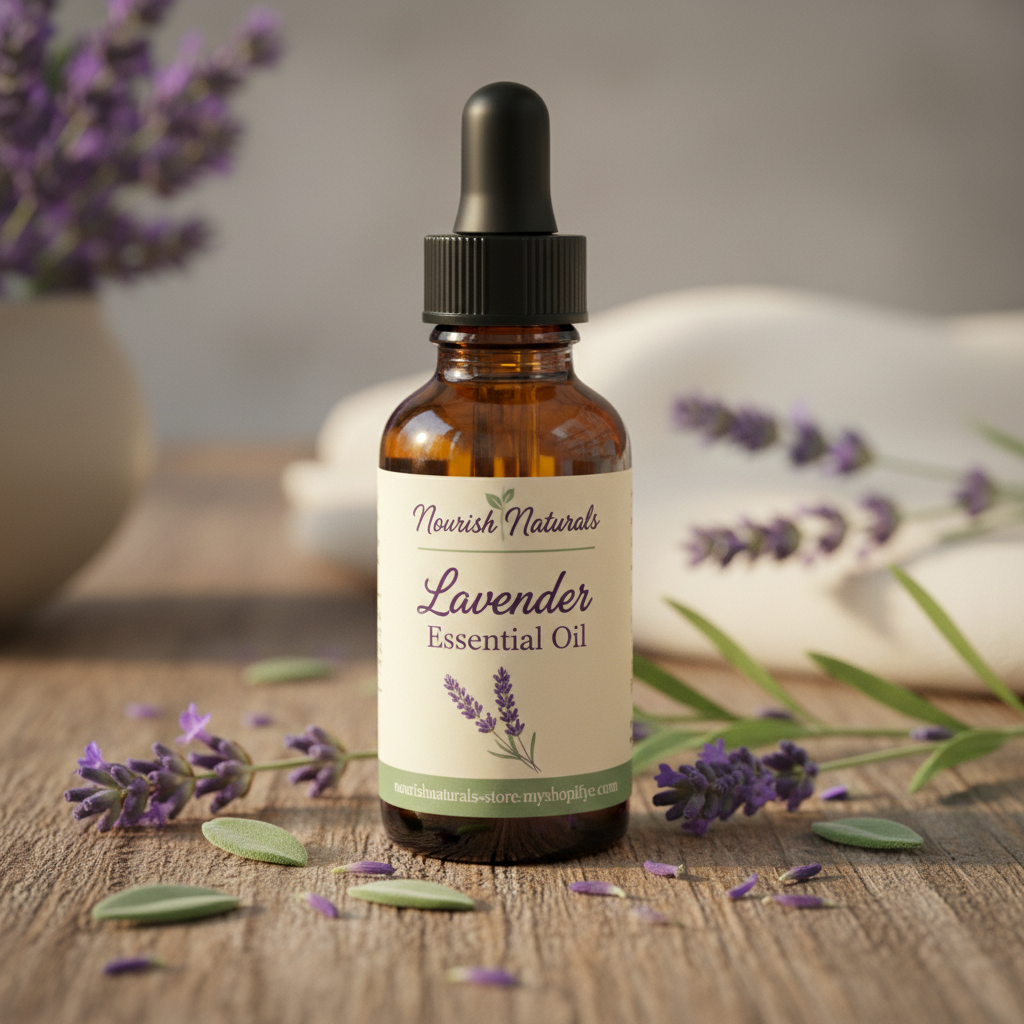 10ml amber glass bottle of Nourish Naturals Lavender Essential Oil